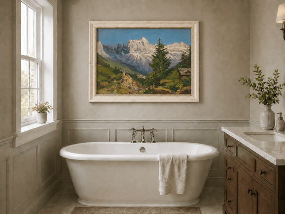 Framed hand-painted Dolomite village oil painting beneath dramatic alpine peaks displayed above a freestanding bathtub.
