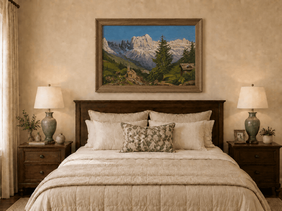 Framed hand-painted Dolomite village oil painting beneath dramatic alpine peaks displayed above a wooden bed in a neutral bedroom.