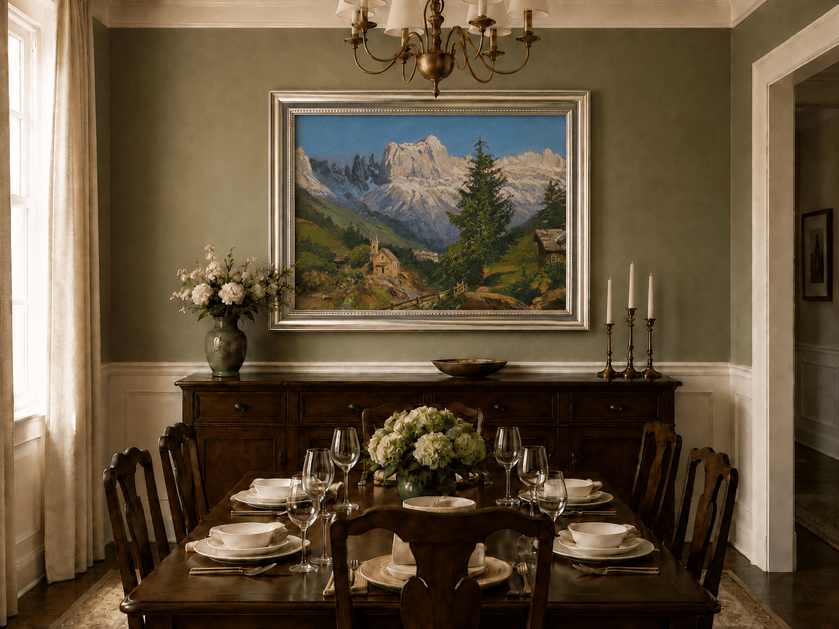 Framed hand-painted Dolomite village oil painting beneath dramatic alpine peaks displayed above a formal dining table.
