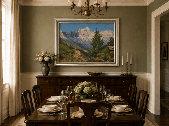 Framed hand-painted Dolomite village oil painting beneath dramatic alpine peaks displayed above a formal dining table.