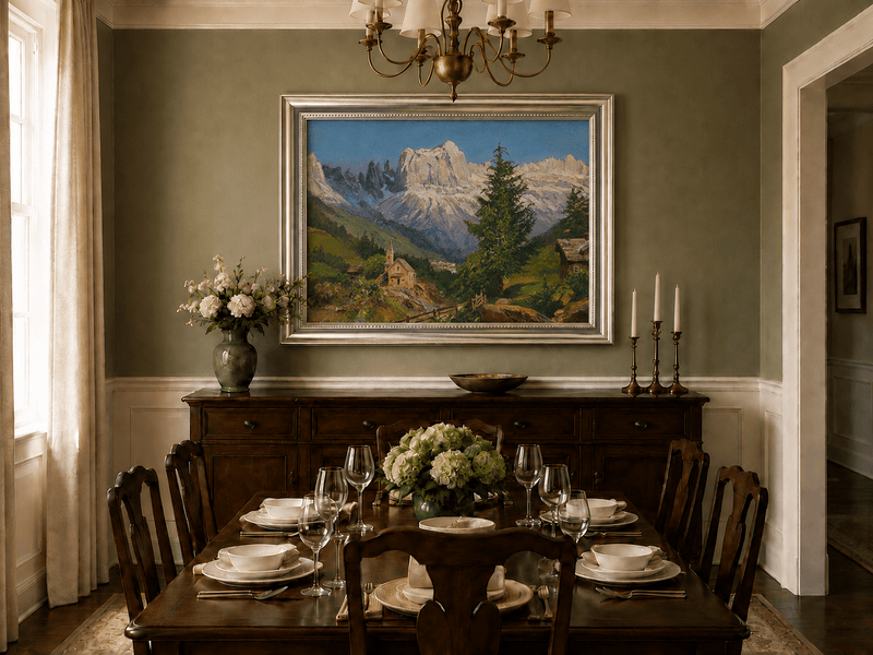 Framed hand-painted Dolomite village oil painting beneath dramatic alpine peaks displayed above a formal dining table.