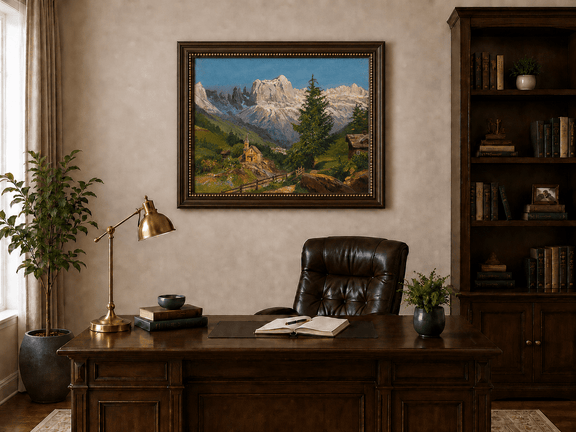 Framed hand-painted Dolomite village oil painting beneath dramatic alpine peaks displayed above a traditional home office desk.