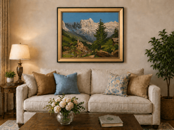 Framed hand-painted Dolomite village oil painting beneath dramatic alpine peaks displayed above a neutral living room sofa.