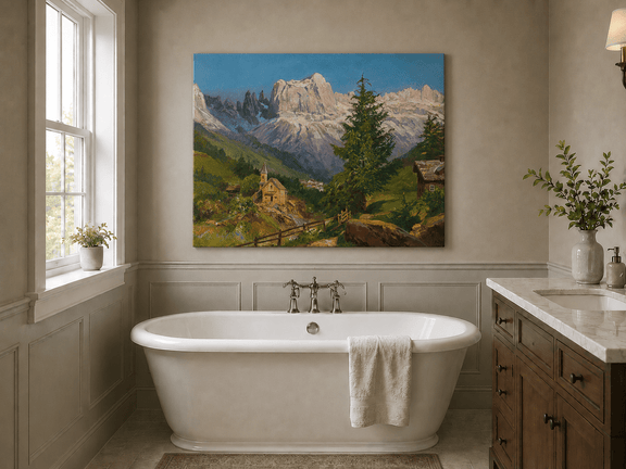 Unframed hand-painted Dolomite village oil painting beneath dramatic alpine peaks displayed above a freestanding bathtub.