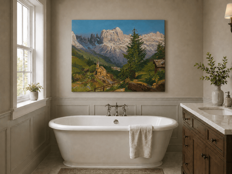 Unframed hand-painted Dolomite village oil painting beneath dramatic alpine peaks displayed above a freestanding bathtub.