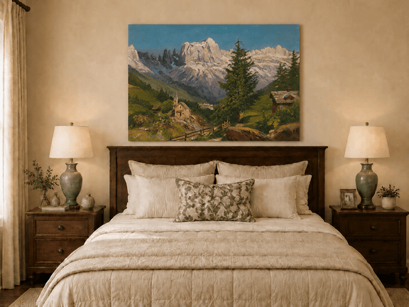 Unframed hand-painted Dolomite village oil painting beneath dramatic alpine peaks displayed above a wooden bed in a neutral bedroom.