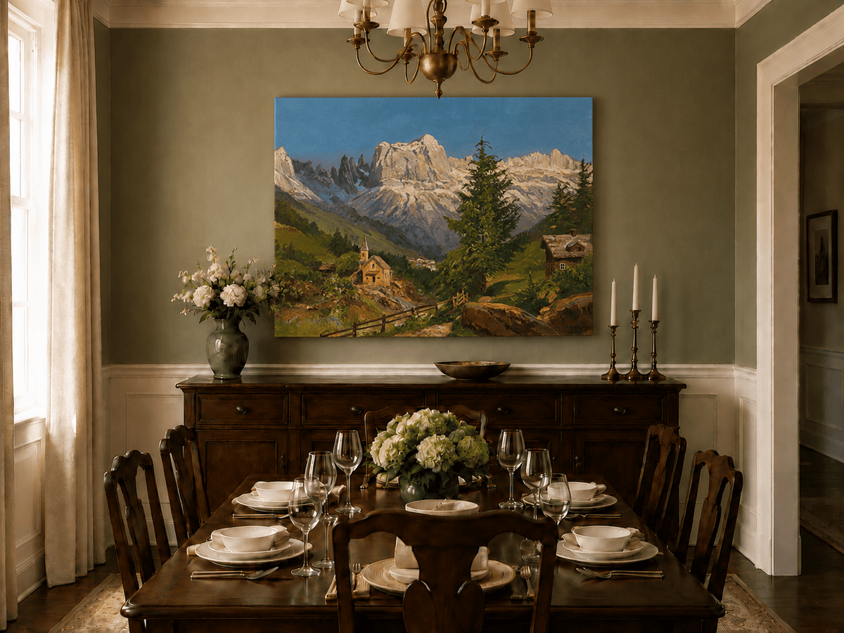 Unframed hand-painted Dolomite village oil painting beneath dramatic alpine peaks displayed above a formal dining table.