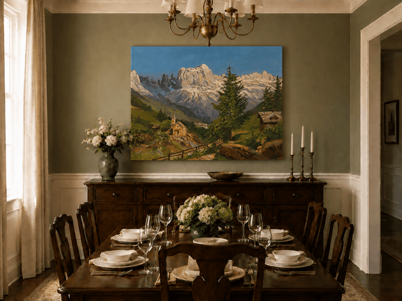 Unframed hand-painted Dolomite village oil painting beneath dramatic alpine peaks displayed above a formal dining table.