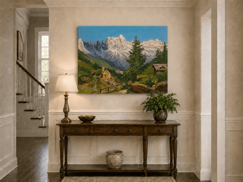 Unframed hand-painted Dolomite village oil painting beneath dramatic alpine peaks displayed above an entryway console table.