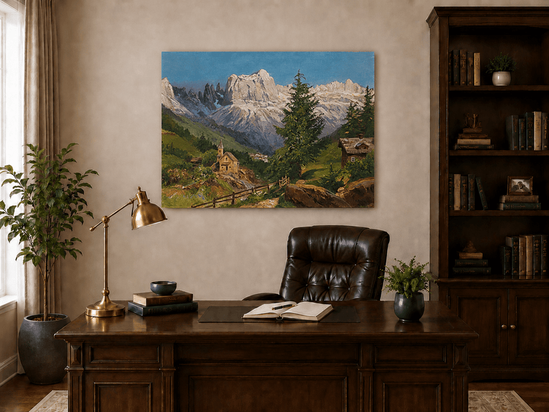 Unframed hand-painted Dolomite village oil painting beneath dramatic alpine peaks displayed above a traditional home office desk.