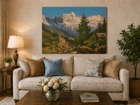 Unframed hand-painted Dolomite village oil painting beneath dramatic alpine peaks displayed above a neutral living room sofa.