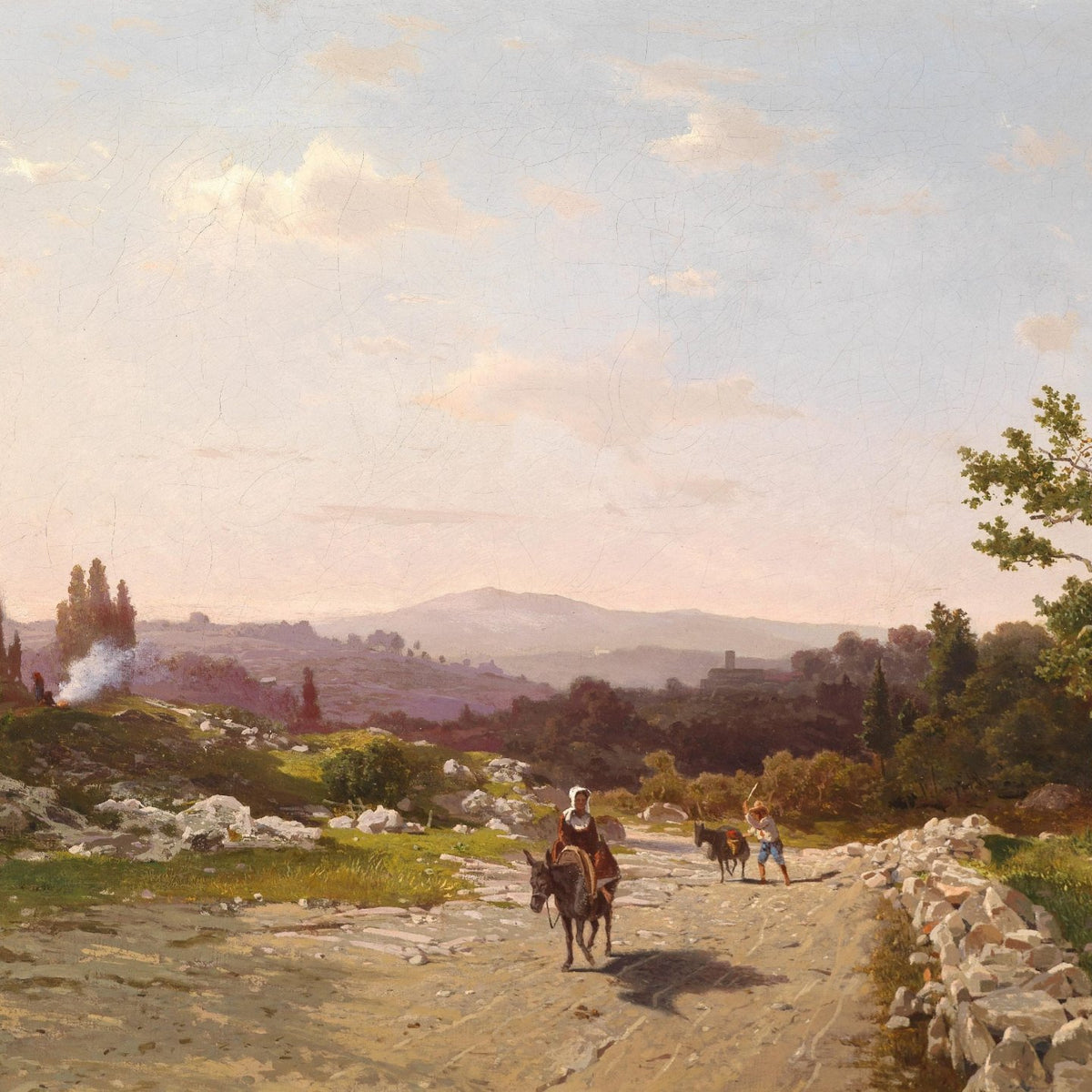 Donkey Riders on a Sunlit Country Road - Landscape Oil Painting - Oil Painting Haven