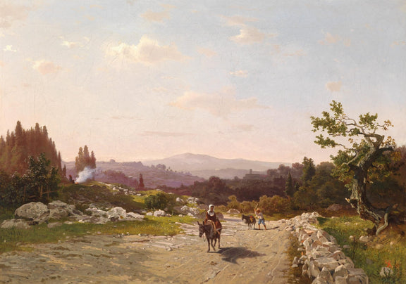 Donkey Riders on a Sunlit Country Road - Landscape Oil Painting - Oil Painting Haven