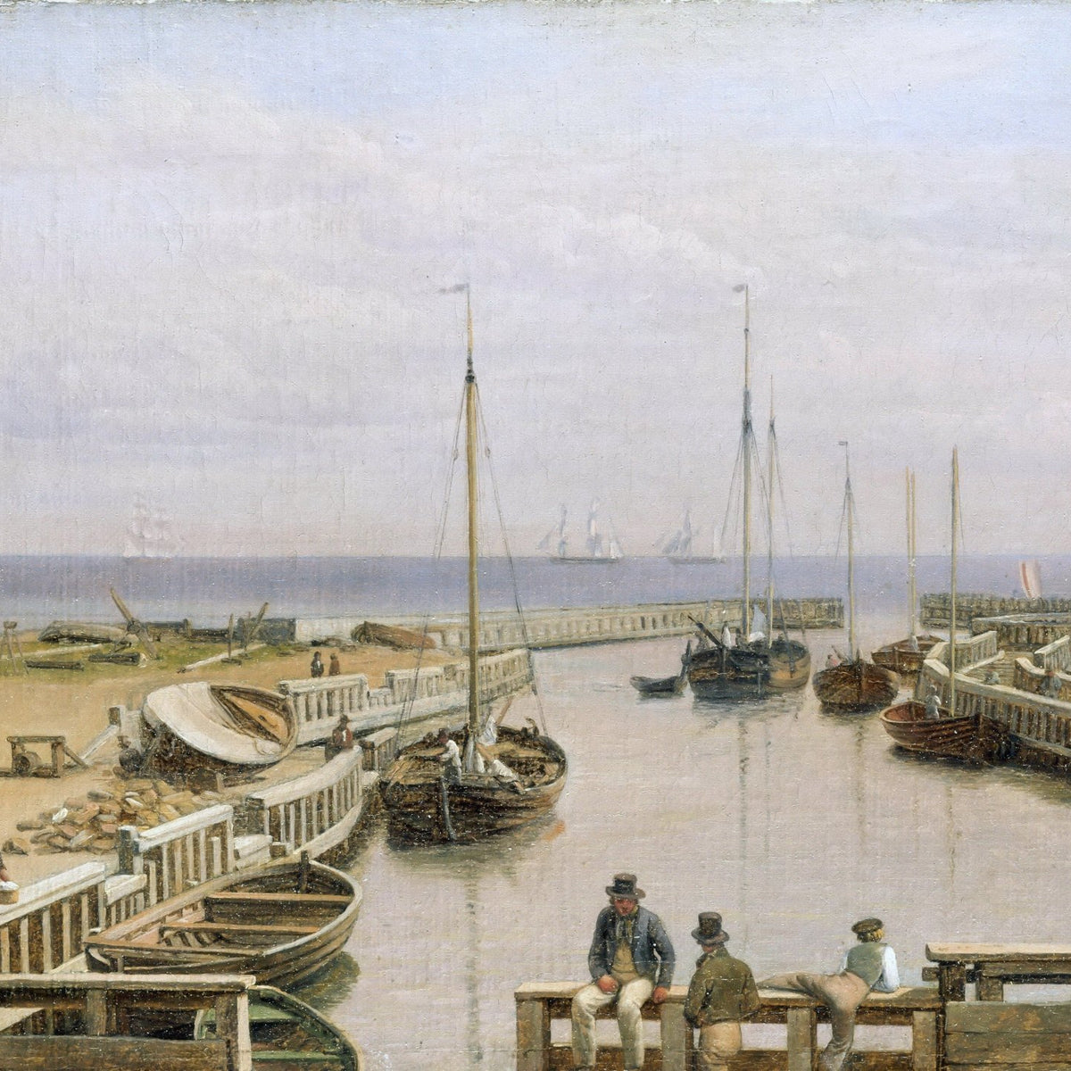 Hand painted landscape oil painting of Dragør Harbor with sailing boats, textured brushwork on canvas, calm coastal scene. - Add Frame, Boat, Canvas, Coastal, Hand Painted, Harbor, Landscape, Made To Order, Oil Painting, Seascape