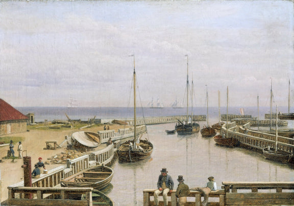 Hand painted landscape oil painting of Dragør Harbor with sailing boats, textured brushwork on canvas, calm coastal scene. - Add Frame, Boat, Canvas, Coastal, Hand Painted, Harbor, Landscape, Made To Order, Oil Painting, Seascape