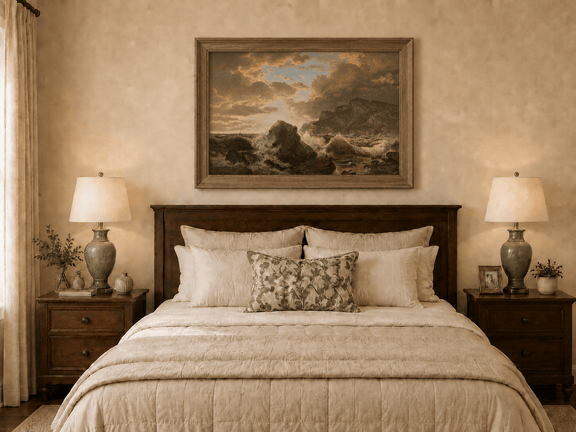 Framed hand-painted dramatic coastal seascape with crashing waves and dark rocks displayed above a wooden bed in a neutral bedroom.