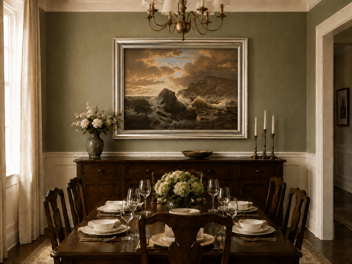 Framed hand-painted dramatic coastal seascape with crashing waves and dark rocks displayed above a formal dining table.