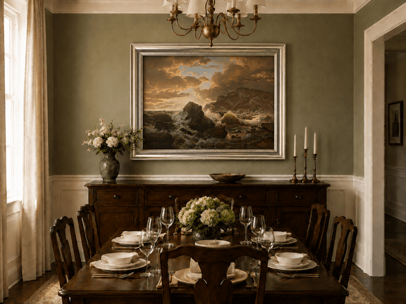 Framed hand-painted dramatic coastal seascape with crashing waves and dark rocks displayed above a formal dining table.