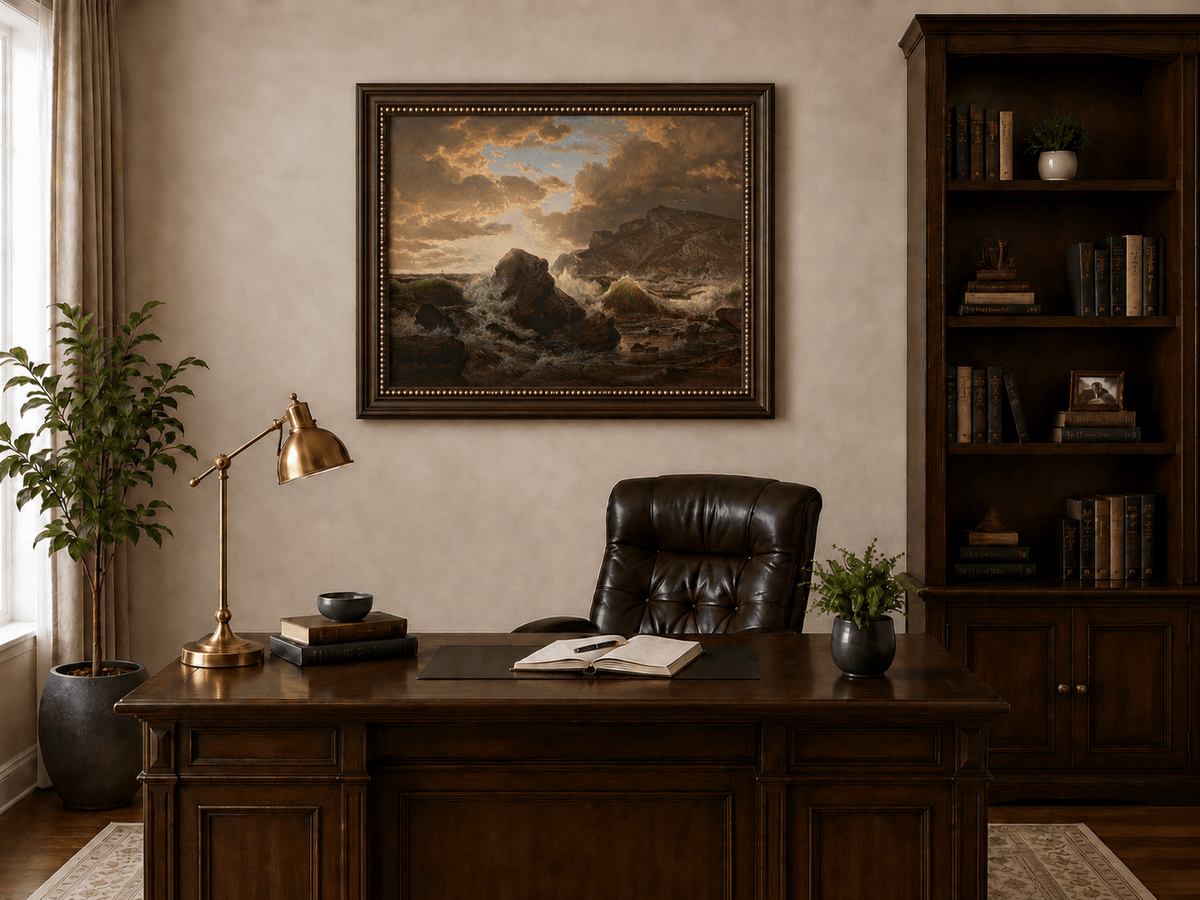 Framed hand-painted dramatic coastal seascape with crashing waves and dark rocks displayed above a traditional home office desk.