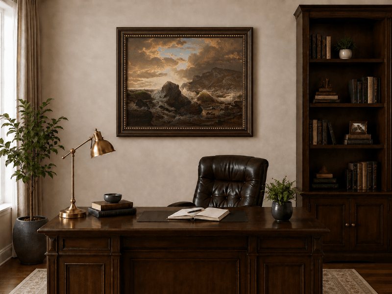 Framed hand-painted dramatic coastal seascape with crashing waves and dark rocks displayed above a traditional home office desk.