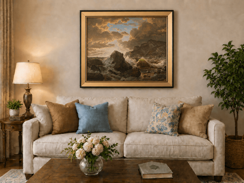 Framed hand-painted dramatic coastal seascape with crashing waves and dark rocks displayed above a neutral living room sofa.