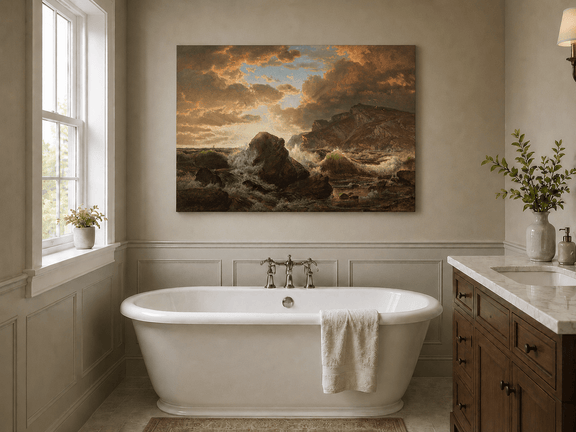 Unframed hand-painted dramatic coastal seascape with crashing waves and dark rocks displayed above a freestanding bathtub.