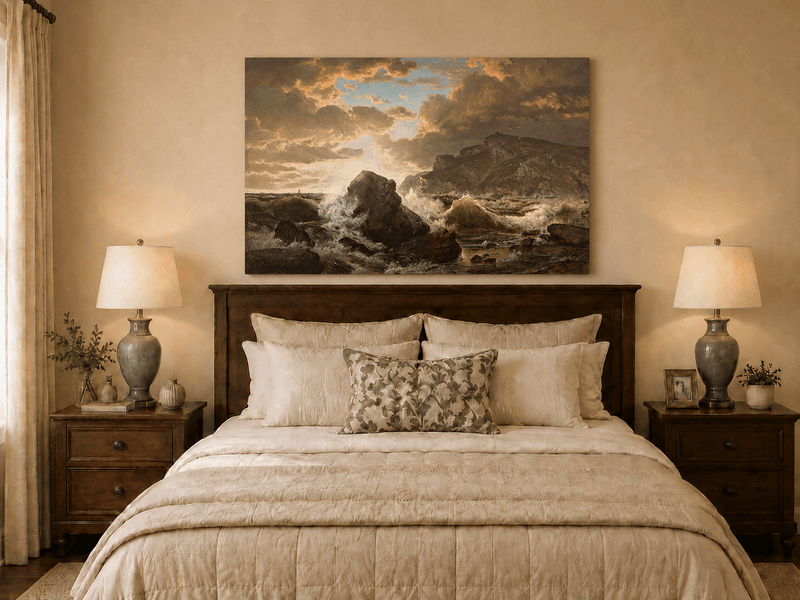 Unframed hand-painted dramatic coastal seascape with crashing waves and dark rocks displayed above a wooden bed in a neutral bedroom.