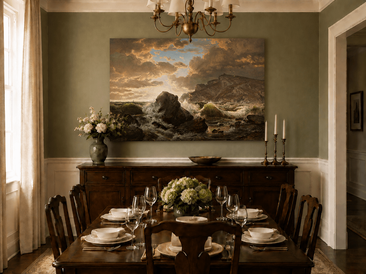 Unframed hand-painted dramatic coastal seascape with crashing waves and dark rocks displayed above a formal dining table.