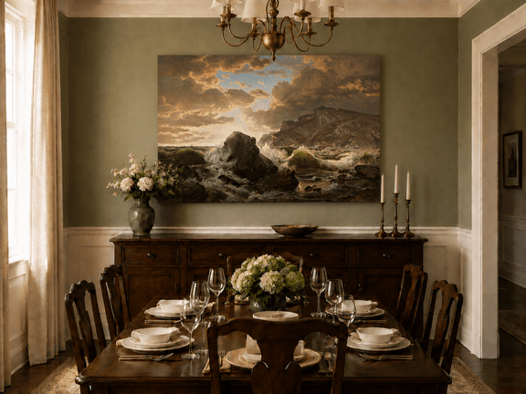 Unframed hand-painted dramatic coastal seascape with crashing waves and dark rocks displayed above a formal dining table.