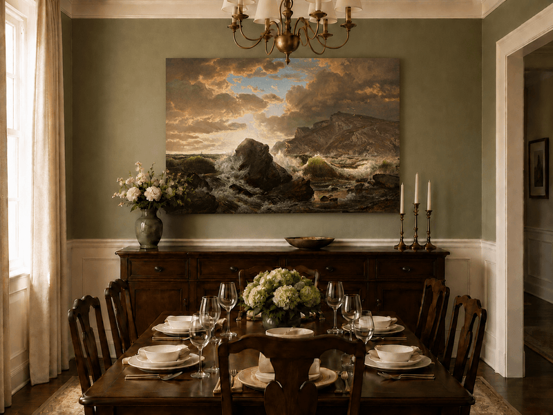 Unframed hand-painted dramatic coastal seascape with crashing waves and dark rocks displayed above a formal dining table.