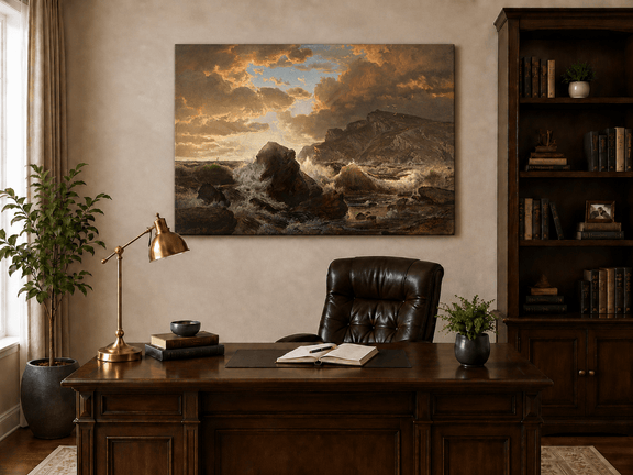 Unframed hand-painted dramatic coastal seascape with crashing waves and dark rocks displayed above a traditional home office desk.
