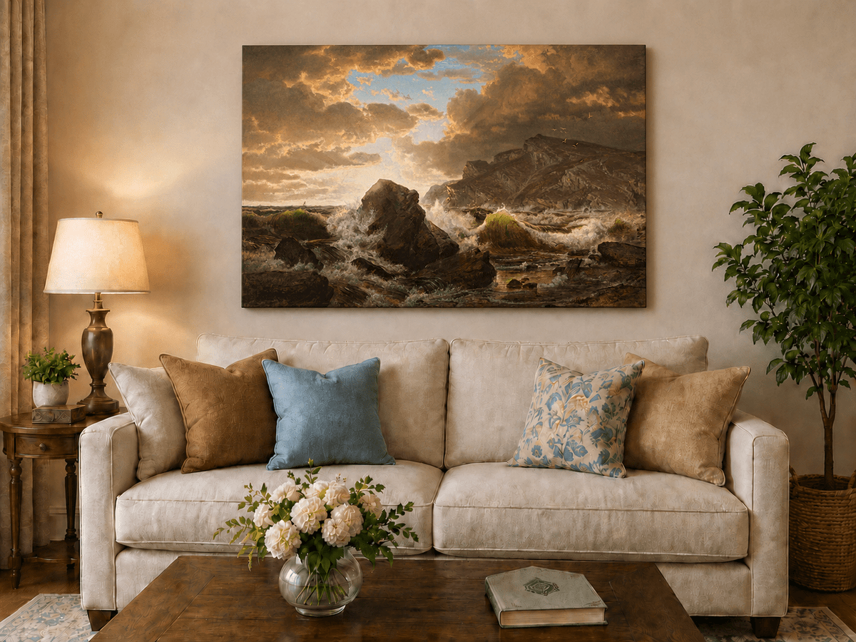 Unframed hand-painted dramatic coastal seascape with crashing waves and dark rocks displayed above a neutral living room sofa.