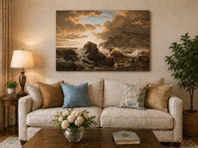 Unframed hand-painted dramatic coastal seascape with crashing waves and dark rocks displayed above a neutral living room sofa.