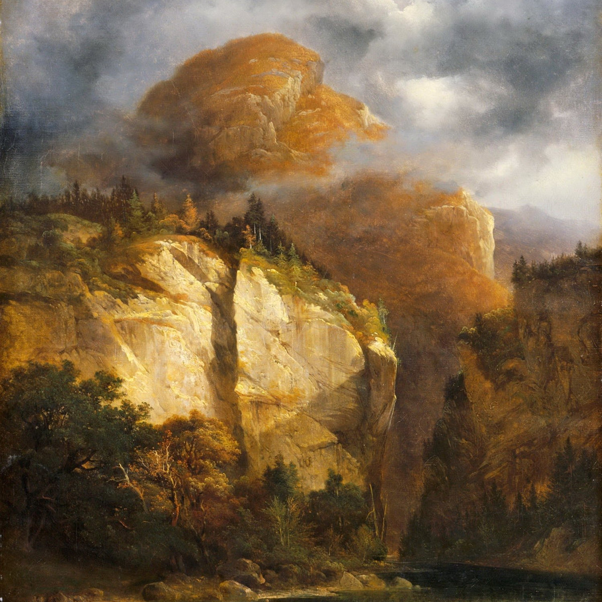 Dramatic landscape oil painting of golden mountain cliffs and river valley with textured brushwork on canvas. - Add Frame, Canvas, Forest, Hand Painted, Landscape, Made To Order, Mountain, Oil Painting, River