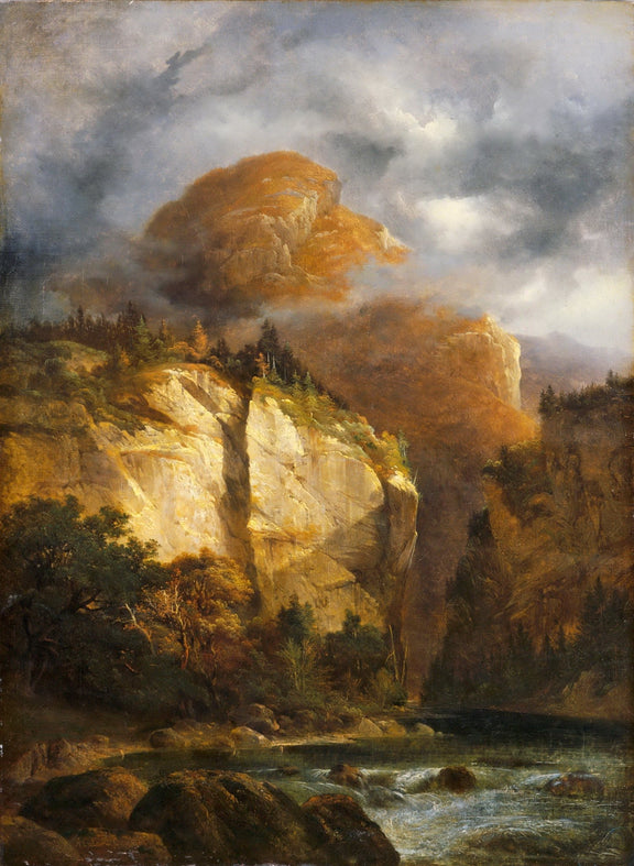 Dramatic landscape oil painting of golden mountain cliffs and river valley with textured brushwork on canvas. - Add Frame, Canvas, Forest, Hand Painted, Landscape, Made To Order, Mountain, Oil Painting, River
