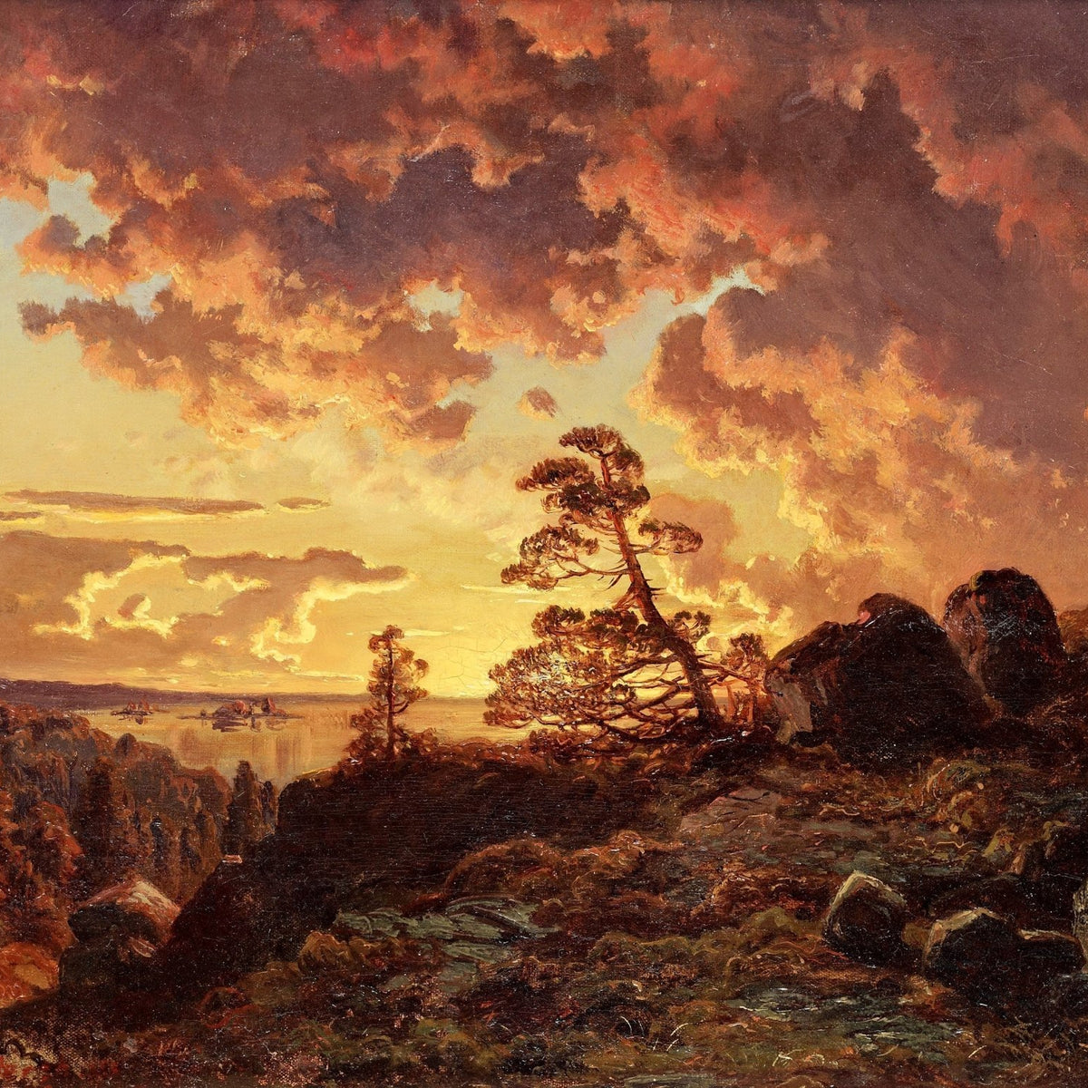 Dramatic Mountain Sunset, Pines – Hand - Painted Landscape Oil Painting - Oil Painting Haven