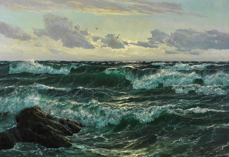 Dramatic Seascape Oil Painting with Crashing Waves and Open Sea - Oil Painting Haven