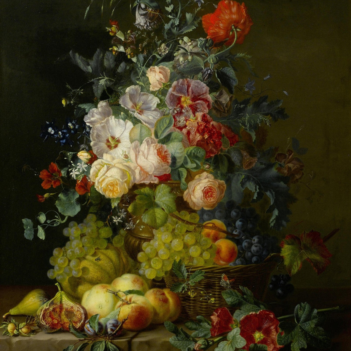 Dutch Floral Still Life with Grapes and Peaches – Floral Oil Painting - Oil Painting Haven