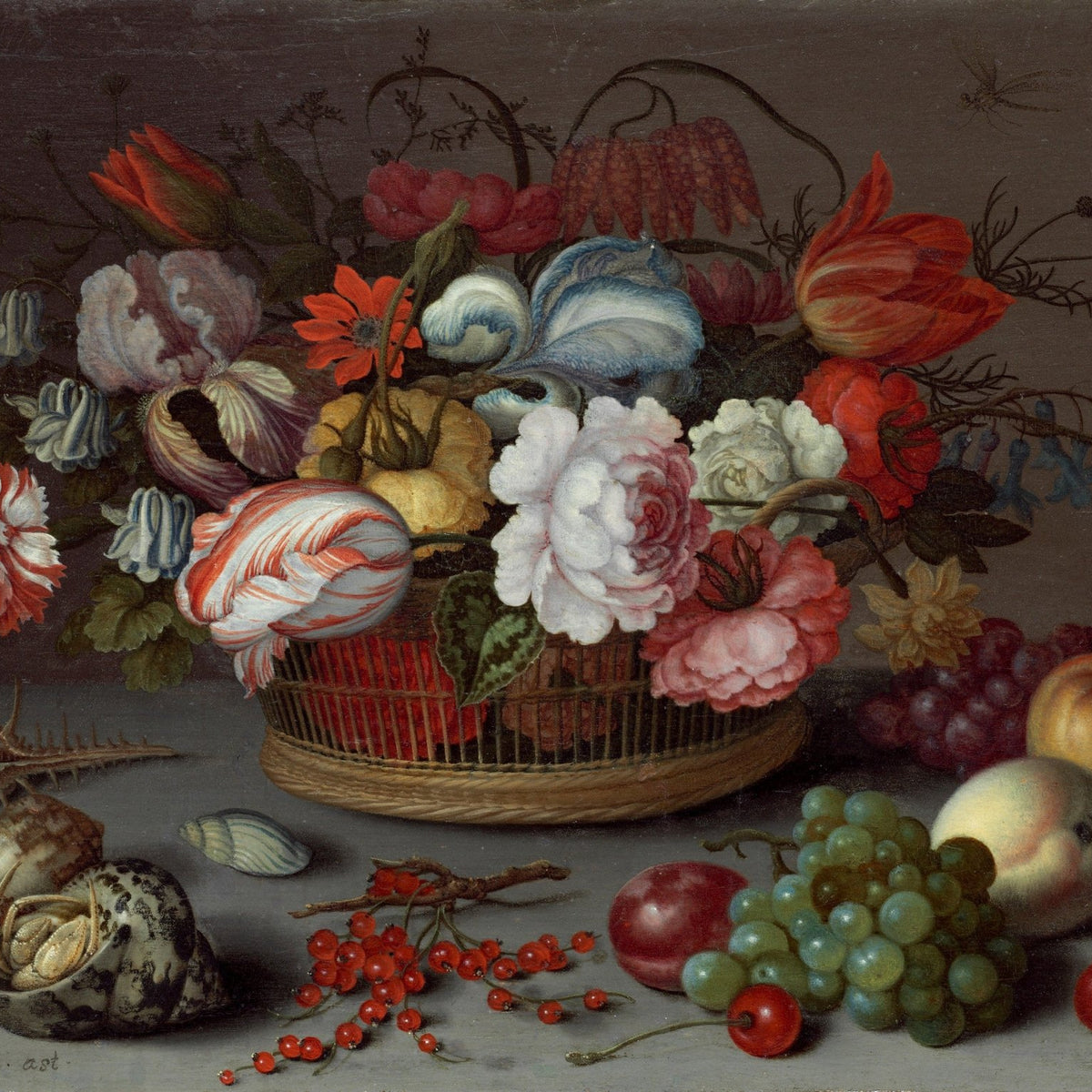 Dutch Floral Still Life with Tulips and Fruit Basket – Floral Oil Painting - Oil Painting Haven