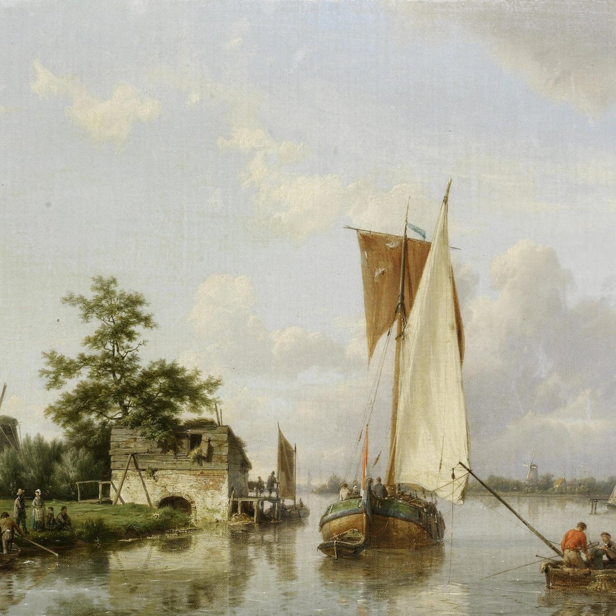 Dutch Riverside with Sailing Boats and Windmills - Landscape Oil Painting - Oil Painting Haven