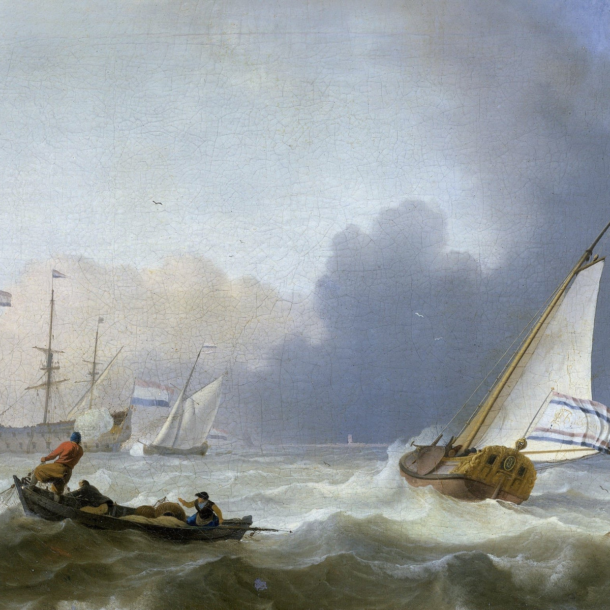Hand-painted Dutch yacht in rough sea waves nautical oil painting on canvas