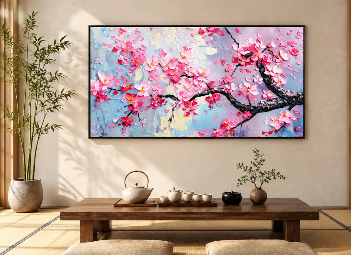 Dipinto a olio astratto - Decorazione da parete materica con fiori di ciliegio rosa