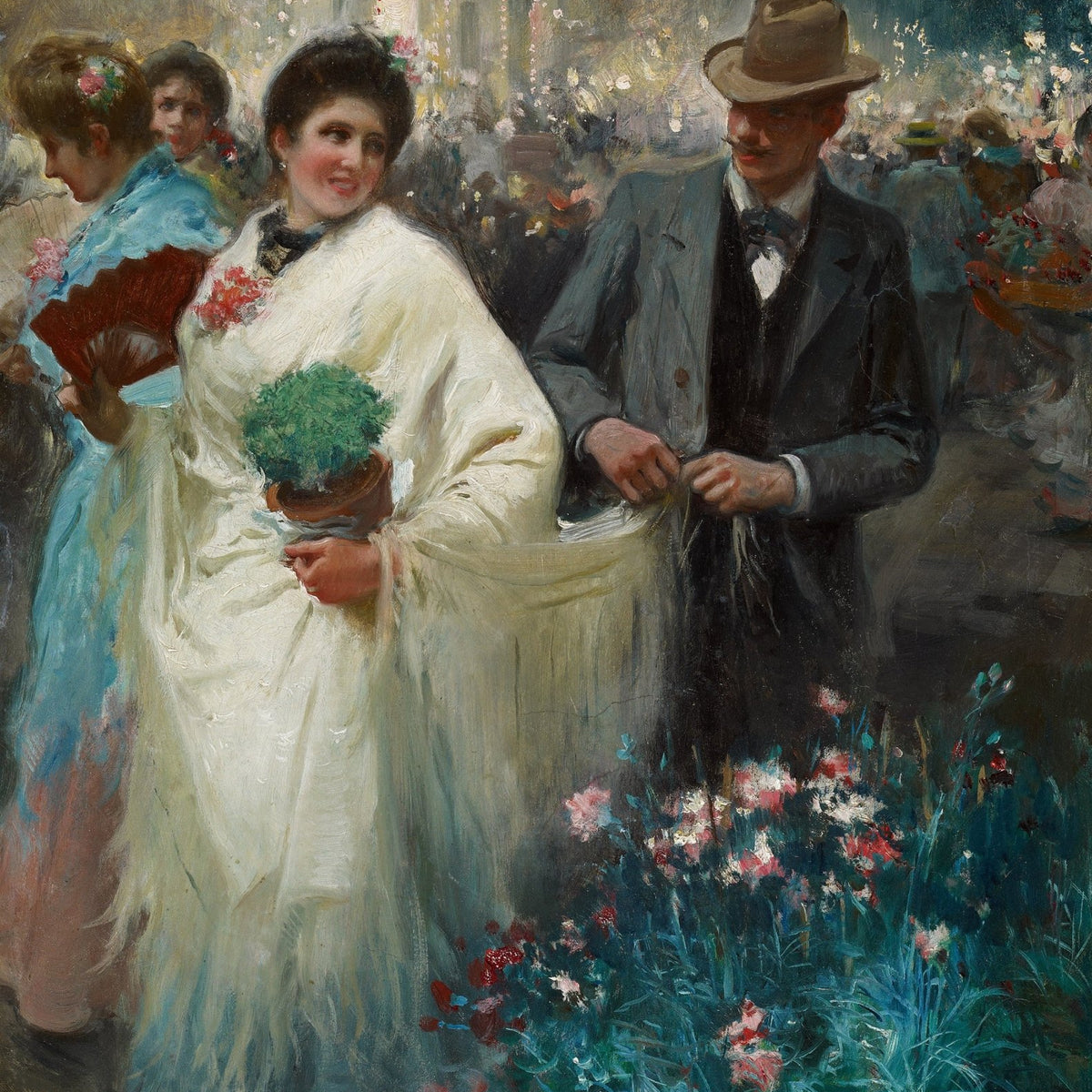 Elegant Couple at Flower Market Scene - People Oil Painting - Oil Painting Haven