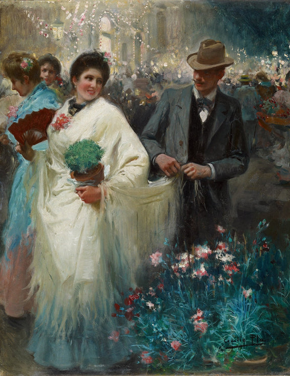 Elegant Couple at Flower Market Scene - People Oil Painting - Oil Painting Haven