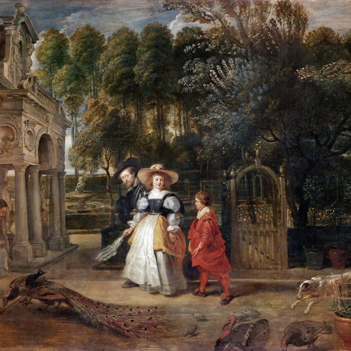 Elegant Couple Walking in a Garden with Peacocks - People Oil Painting - Oil Painting Haven