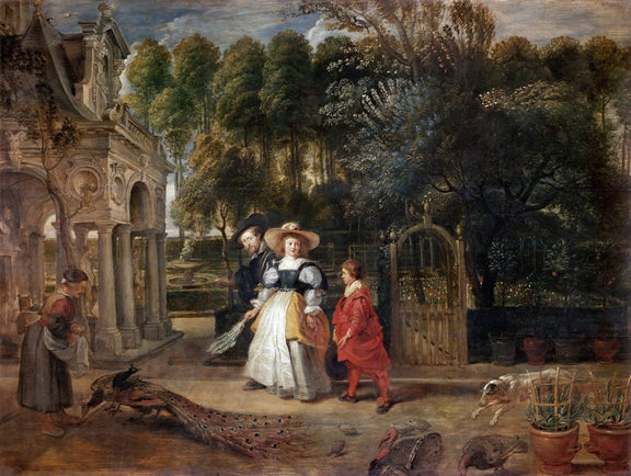 Elegant Couple Walking in a Garden with Peacocks - People Oil Painting - Oil Painting Haven
