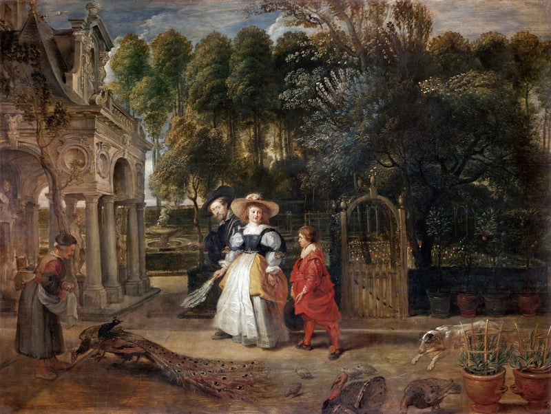 Elegant Couple Walking in a Garden with Peacocks - People Oil Painting - Oil Painting Haven