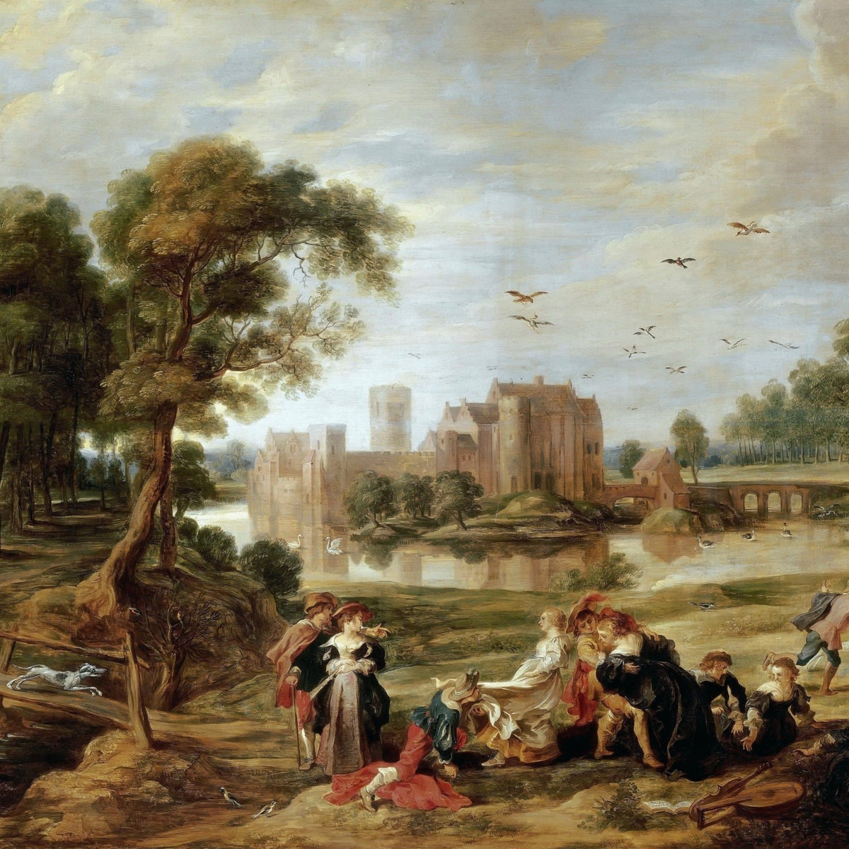 Elegant Figures in a Castle Garden Landscape - People Oil Painting - Oil Painting Haven