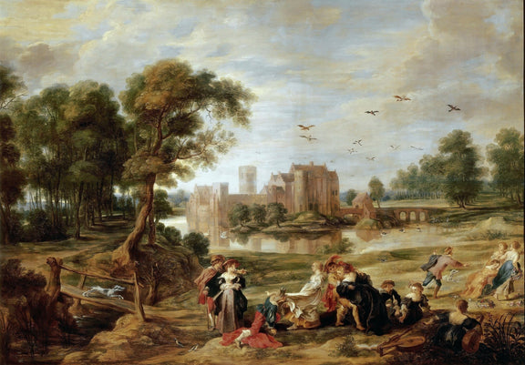 Elegant Figures in a Castle Garden Landscape - People Oil Painting - Oil Painting Haven