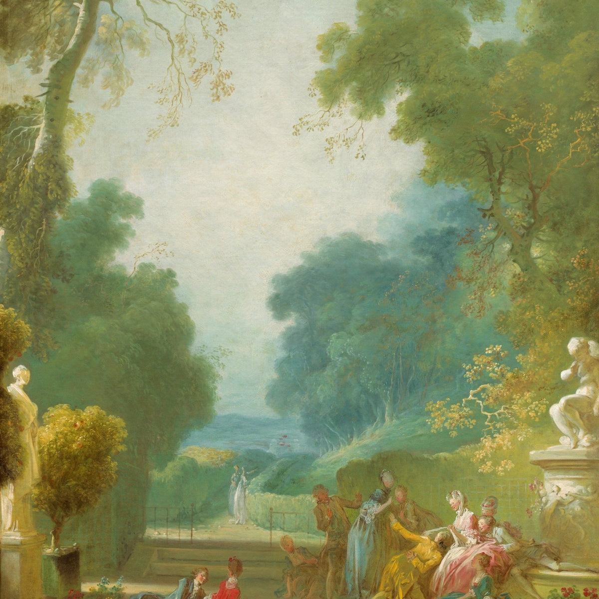 Landscape oil painting of a classical garden gathering with figures in colorful period attire, lush trees, and textured. - Add Frame, Canvas, Country, Figure, Garden, Hand Painted, Landscape, Made To Order, Oil Painting